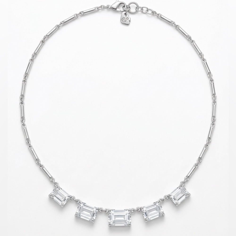 Swarovski Emerald-Cut Crystal Necklace Rhodium Silver Baguette Statement Jewelry